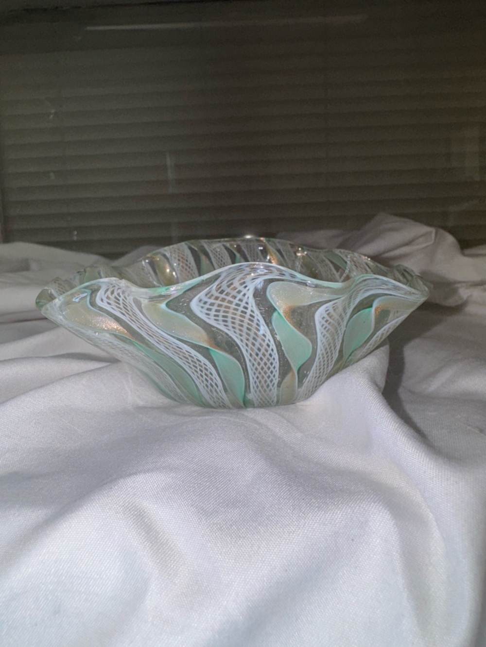 VTG Hand-Blown latticino glass free form dish